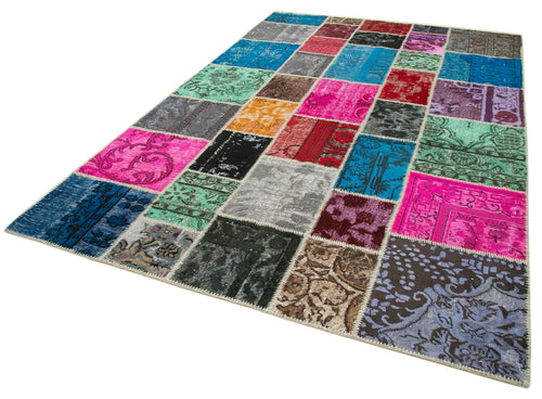 Kırk Yama Mavi Patchwork Pamuk Yün El Dokuma Halısı 206x305 Agacan