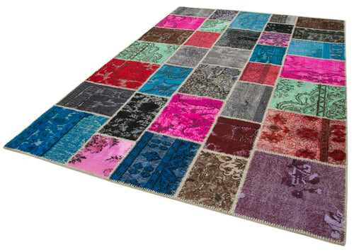 Kırk Yama Mavi Patchwork Pamuk Yün El Dokuma Halısı 206x305 Agacan