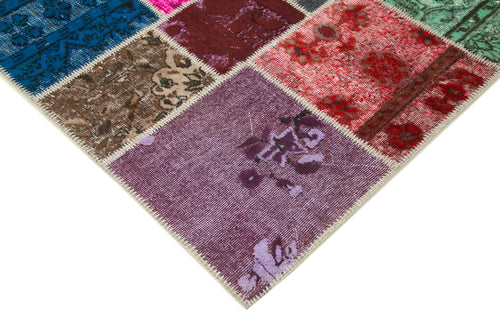 Kırk Yama Mavi Patchwork Pamuk Yün El Dokuma Halısı 206x305 Agacan