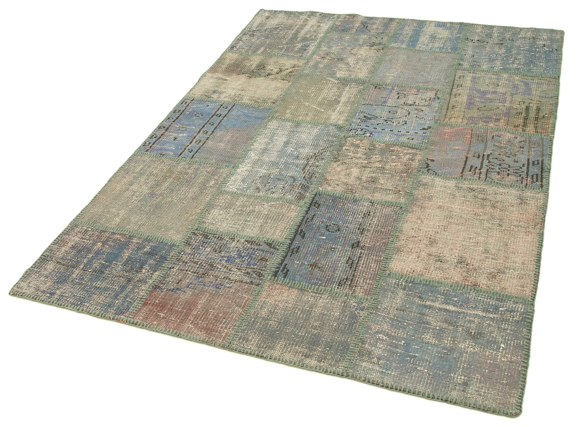 Kırk Yama Mavi Patchwork Pamuk Yün El Dokuma Halısı 140x204 Agacan