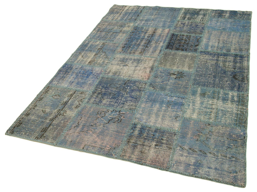 Kırk Yama Mavi Patchwork Pamuk Yün El Dokuma Halısı 149x209 Agacan