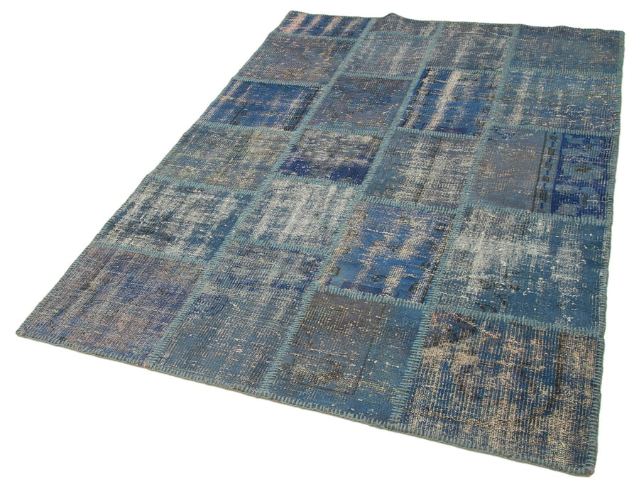 Kırk Yama Mavi Patchwork Pamuk Yün El Dokuma Halısı 141x205 Agacan