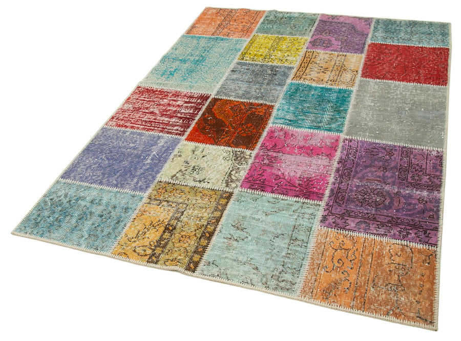 Kırk Yama Mavi Patchwork Pamuk Yün El Dokuma Halısı 144x209 Agacan