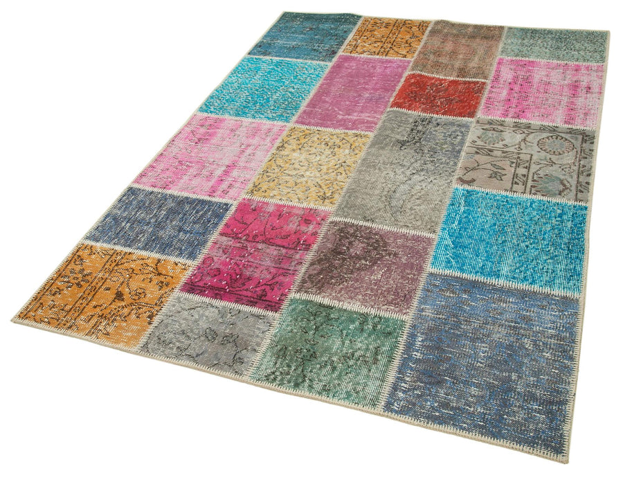 Kırk Yama Mavi Patchwork Pamuk Yün El Dokuma Halısı 143x203 Agacan