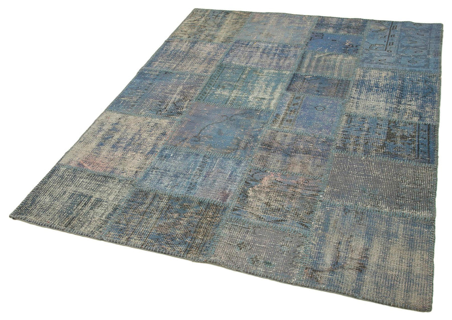 Kırk Yama Mavi Patchwork Pamuk Yün El Dokuma Halısı 150x203 Agacan