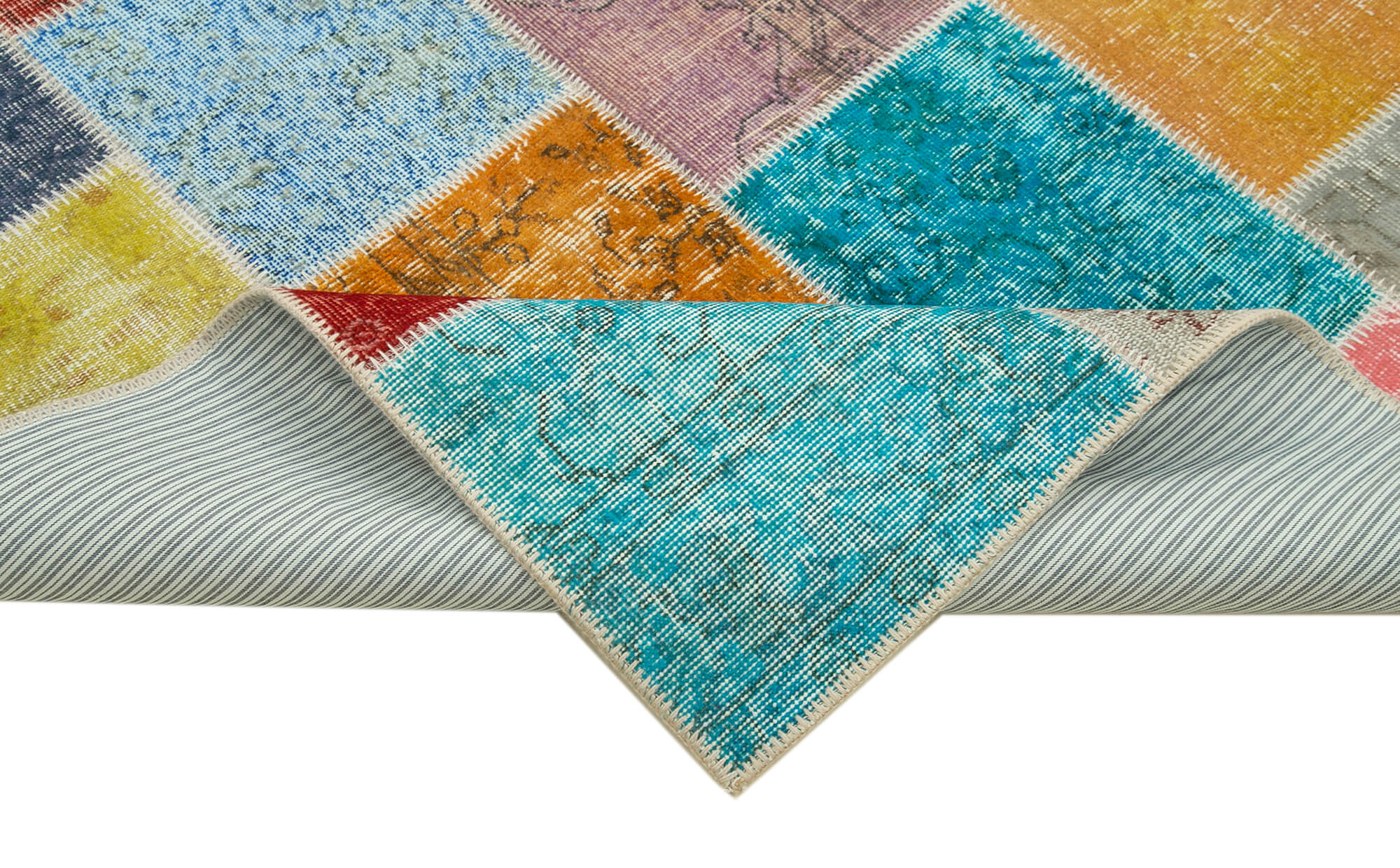 Kırk Yama Mavi Patchwork Pamuk Yün El Dokuma Halısı 145x204 Agacan