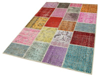 Rosa Patchwork Teppich, mehrfarbiger Vintage Teppich 144x212 cm
