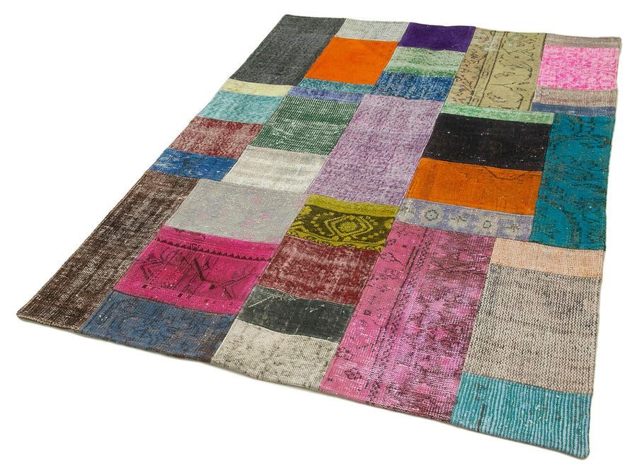 Kırk Yama Mavi Patchwork Pamuk Yün El Dokuma Halısı 142x201 Agacan