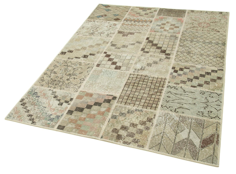 Kırk Yama Bej Patchwork Pamuk Yün El Dokuma Halısı 134x181 Agacan