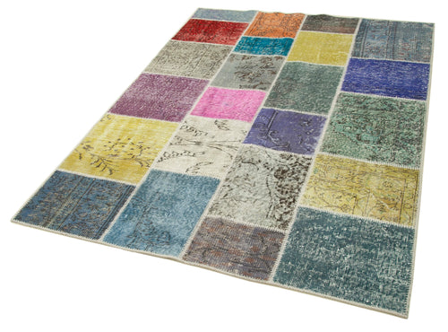 Kırk Yama Mavi Patchwork Pamuk Yün El Dokuma Halısı 144x202 Agacan