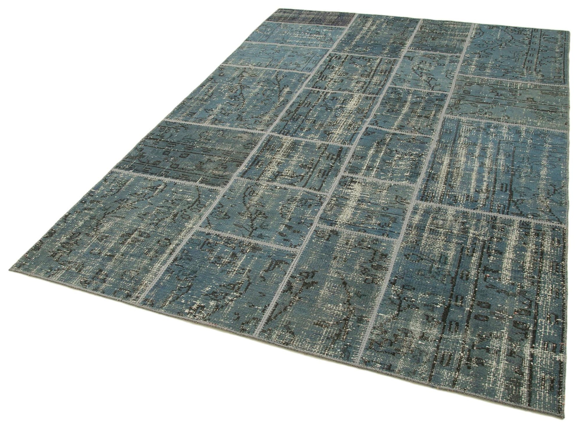 Kırk Yama Mavi Patchwork Pamuk Yün El Dokuma Halısı 171x240 Agacan