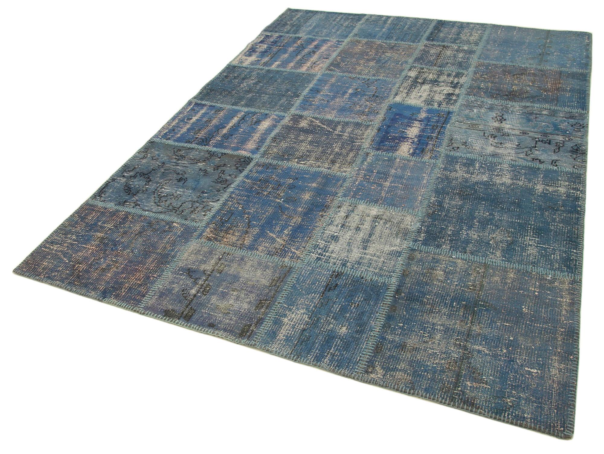 Kırk Yama Mavi Patchwork Pamuk Yün El Dokuma Halısı 176x244 Agacan