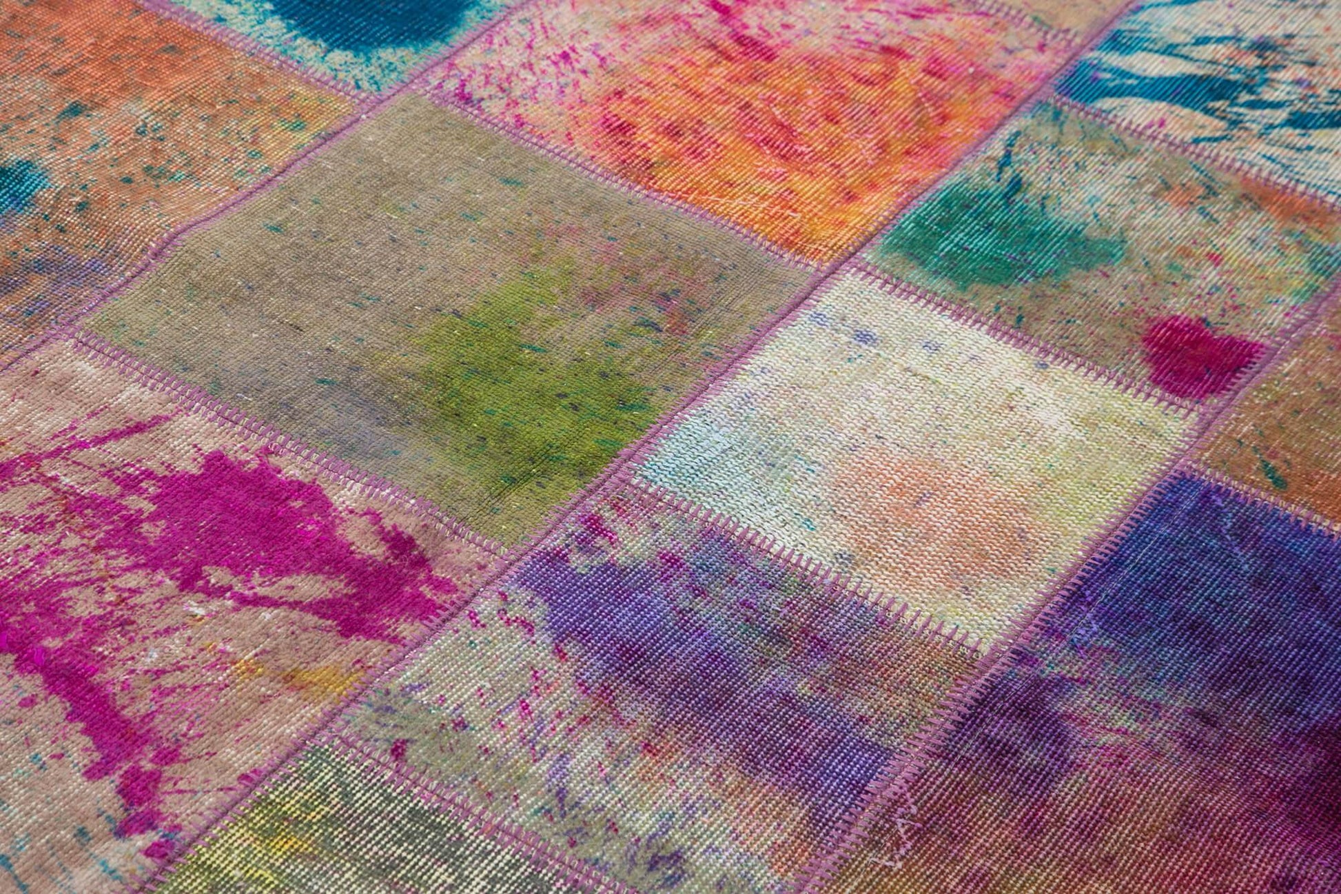 Kırk Yama Mavi Patchwork Pamuk Yün El Dokuma Halısı 172x240 Agacan