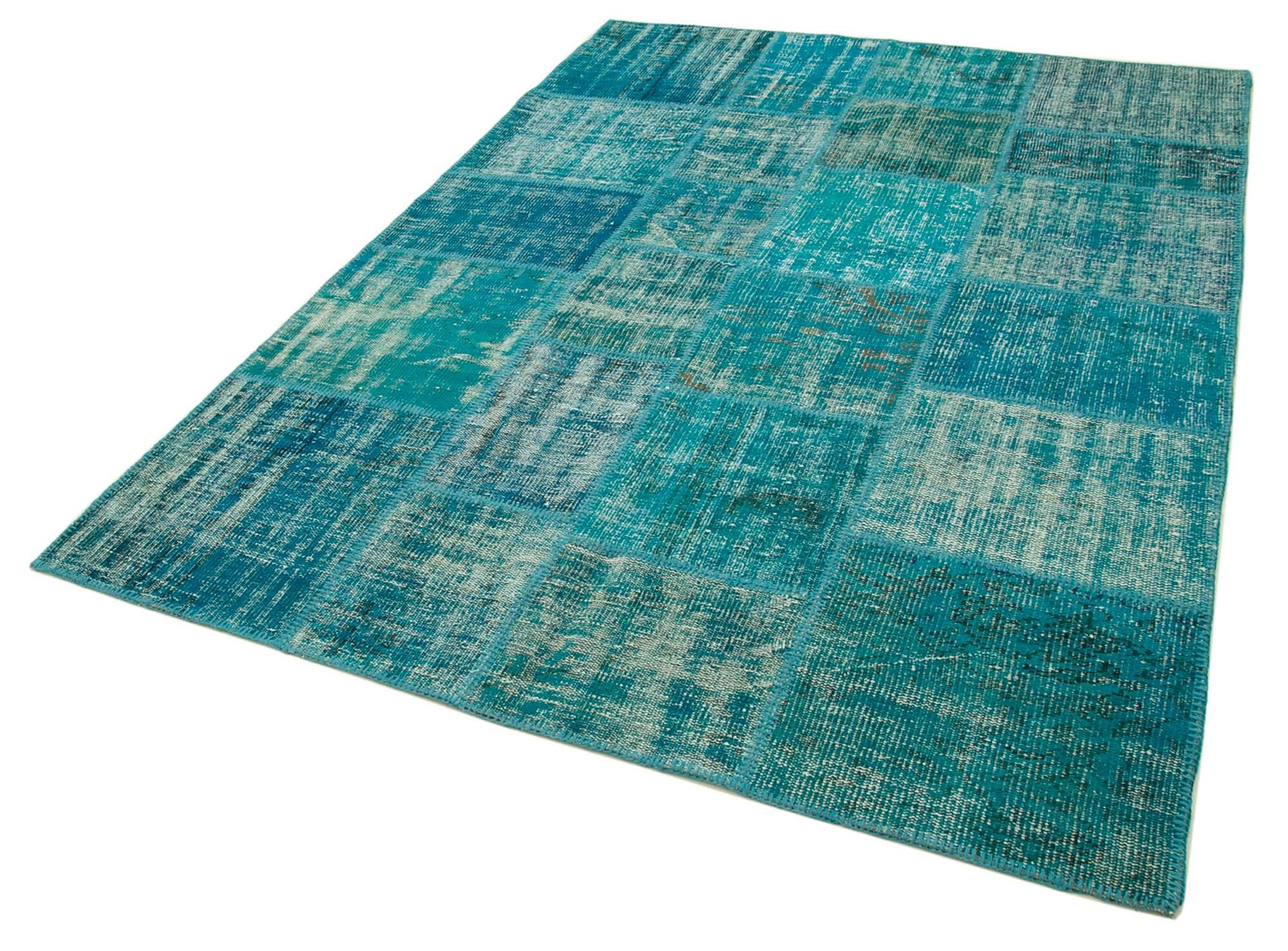 Kırk Yama Turkuaz Patchwork Pamuk Yün El Dokuma Halısı 172x238 Agacan