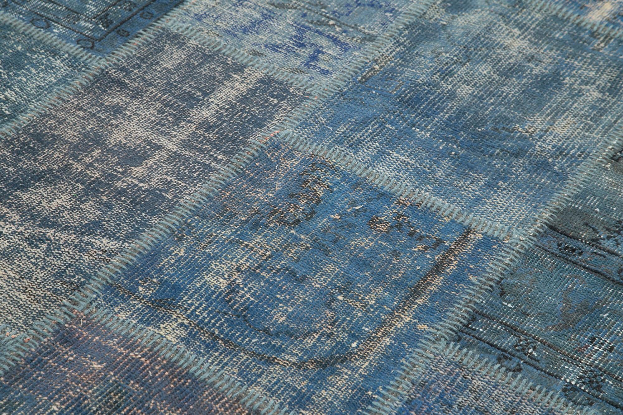 Kırk Yama Mavi Patchwork Pamuk Yün El Dokuma Halısı 176x243 Agacan