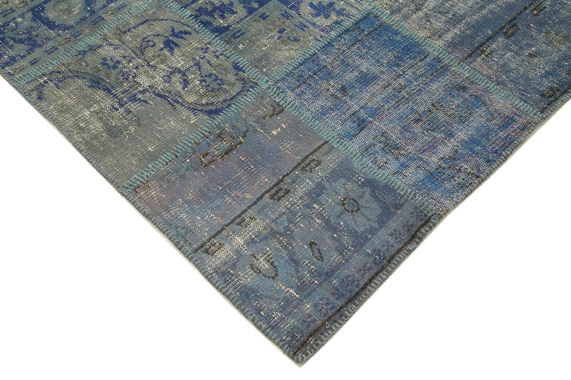Kırk Yama Mavi Patchwork Pamuk Yün El Dokuma Halısı 175x247 Agacan