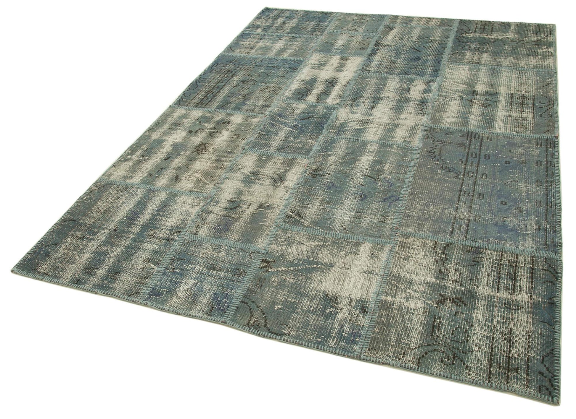 Kırk Yama Mavi Patchwork Pamuk Yün El Dokuma Halısı 174x242 Agacan
