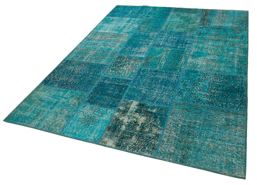 Kırk Yama Turkuaz Patchwork Pamuk Yün El Dokuma Halısı 171x240 Agacan