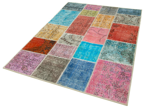 Kırk Yama Mavi Patchwork Pamuk Yün El Dokuma Halısı 145x205 Agacan
