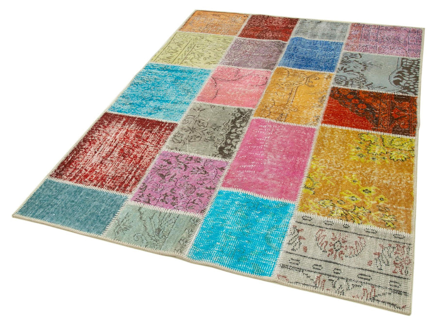 Kırk Yama Mavi Patchwork Pamuk Yün El Dokuma Halısı 143x206 Agacan