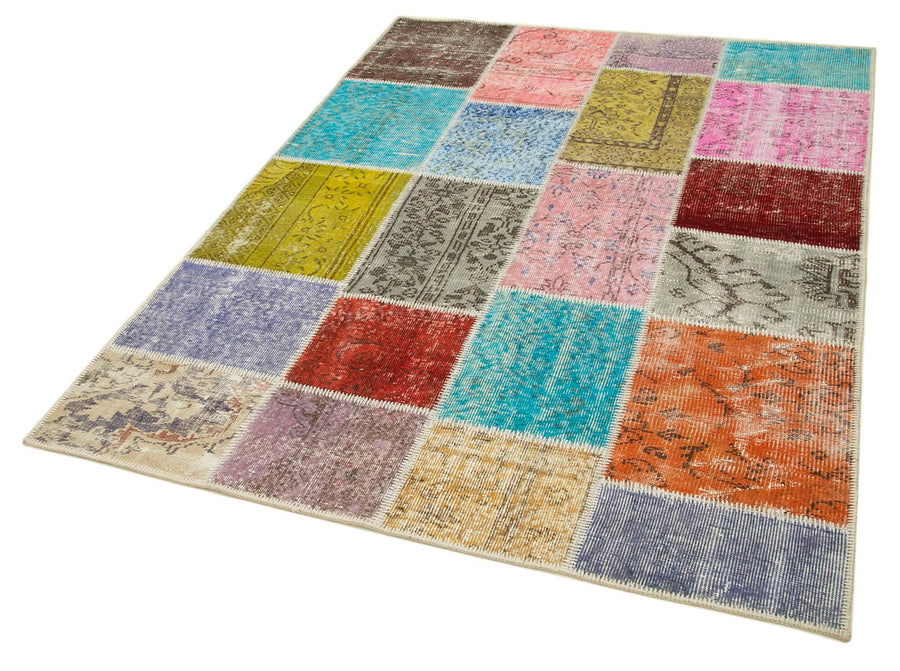 Kırk Yama Mavi Patchwork Pamuk Yün El Dokuma Halısı 146x201 Agacan