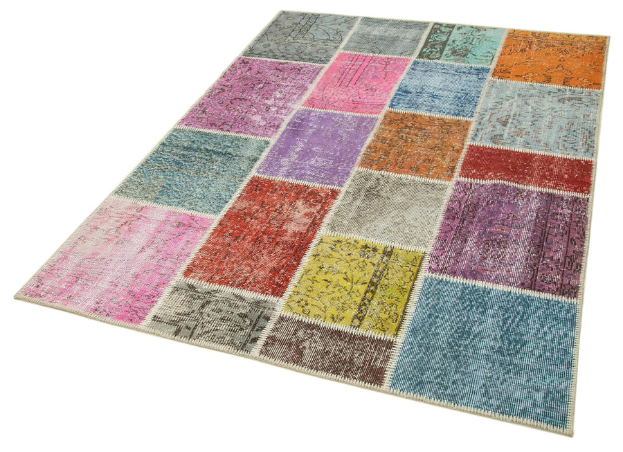 Kırk Yama Mavi Patchwork Pamuk Yün El Dokuma Halısı 146x201 Agacan