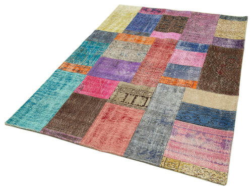 Kırk Yama Mavi Patchwork Pamuk Yün El Dokuma Halısı 143x202 Agacan