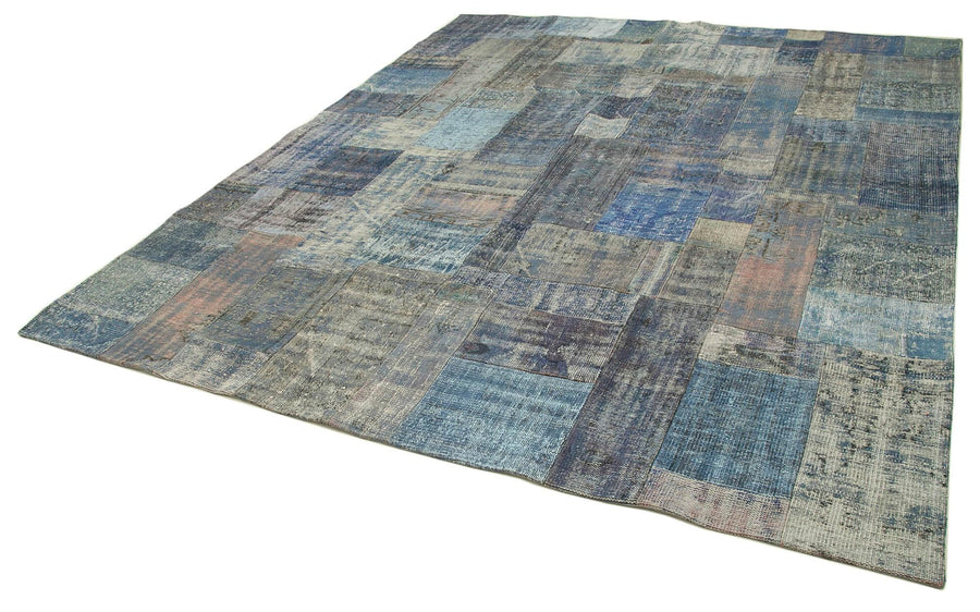 Kırk Yama Mavi Patchwork Pamuk Yün El Dokuma Halısı 251x303 Agacan