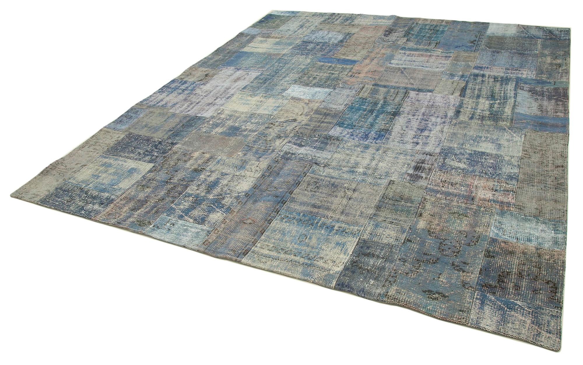 Kırk Yama Mavi Patchwork Pamuk Yün El Dokuma Halısı 251x302 Agacan