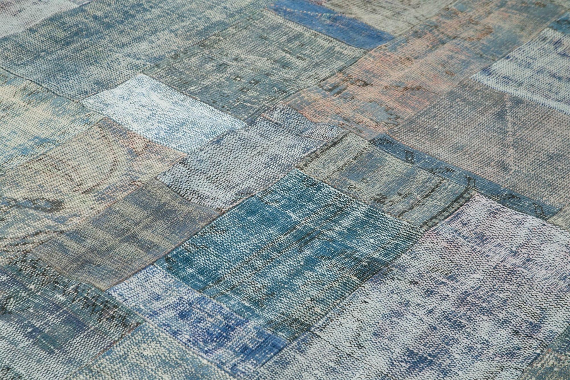 Kırk Yama Mavi Patchwork Pamuk Yün El Dokuma Halısı 251x302 Agacan