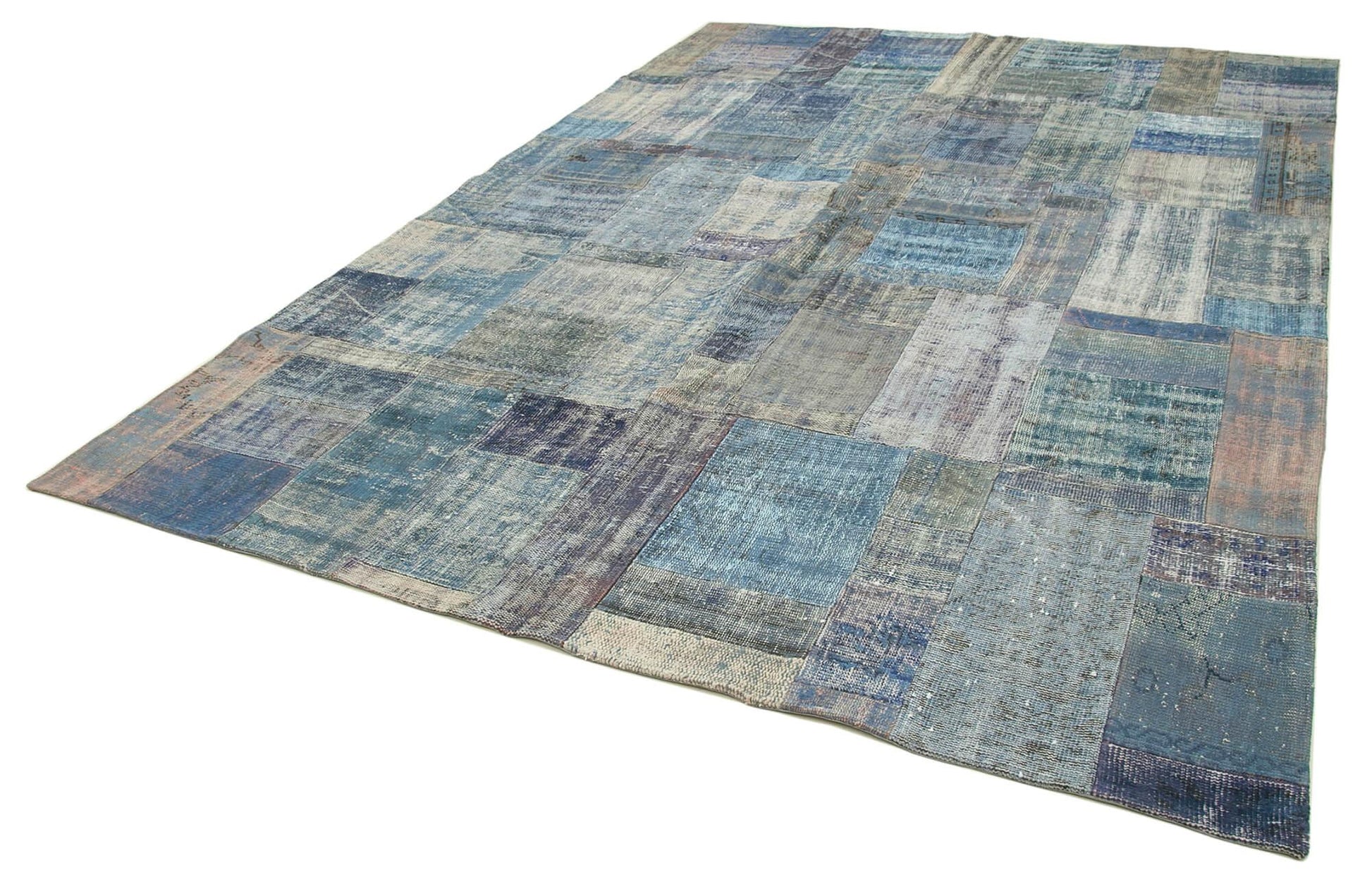 Kırk Yama Mavi Patchwork Pamuk Yün El Dokuma Halısı 251x351 Agacan