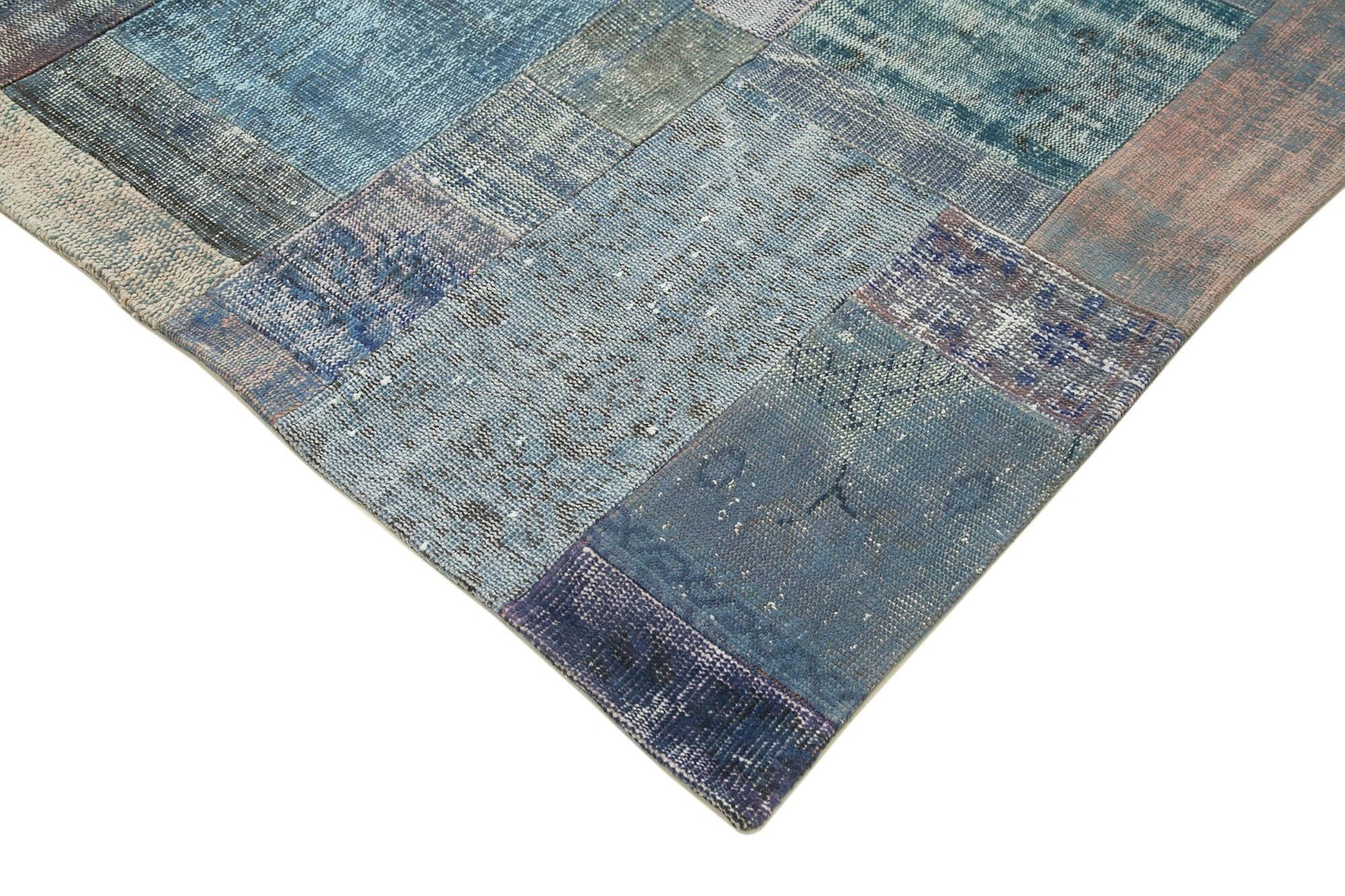 Kırk Yama Mavi Patchwork Pamuk Yün El Dokuma Halısı 251x351 Agacan