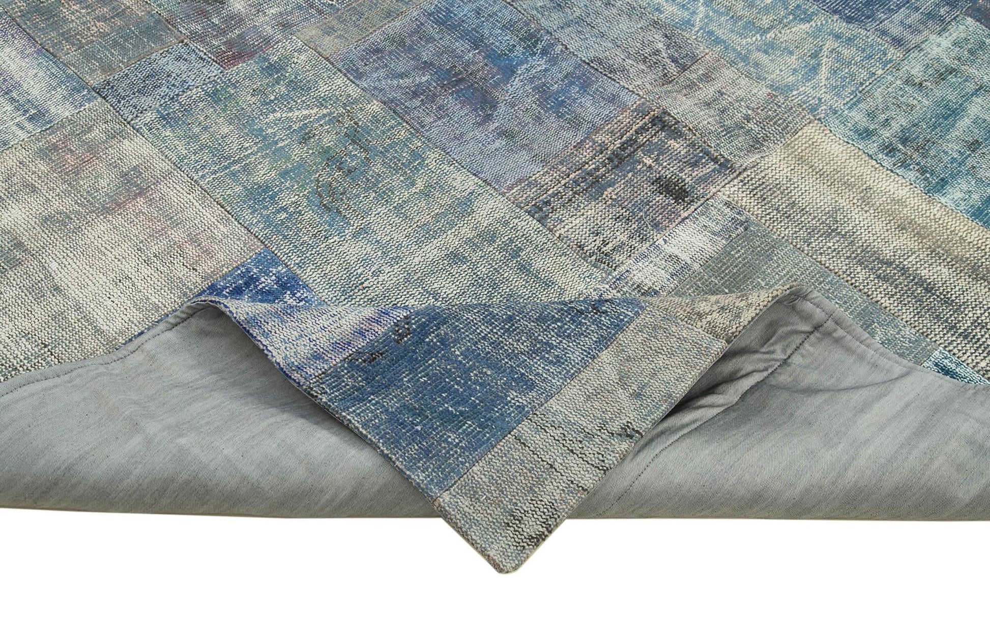 Kırk Yama Mavi Patchwork Pamuk Yün El Dokuma Halısı 251x351 Agacan