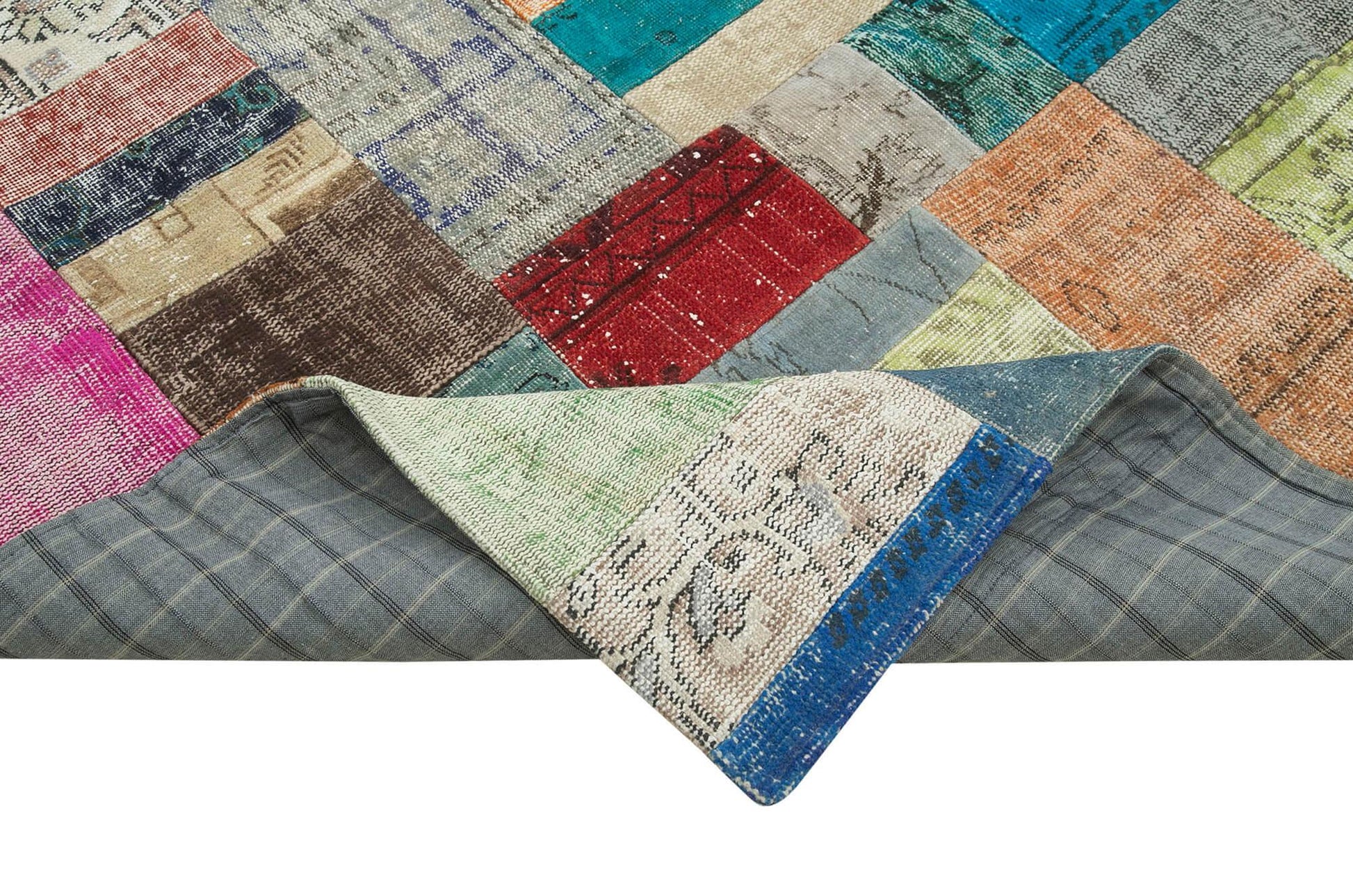 Kırk Yama Mavi Patchwork Pamuk Yün El Dokuma Halısı 273x369 Agacan