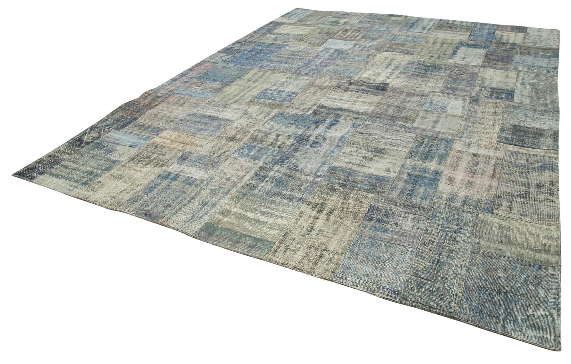 Kırk Yama Mavi Patchwork Pamuk Yün El Dokuma Halısı 303x412 Agacan
