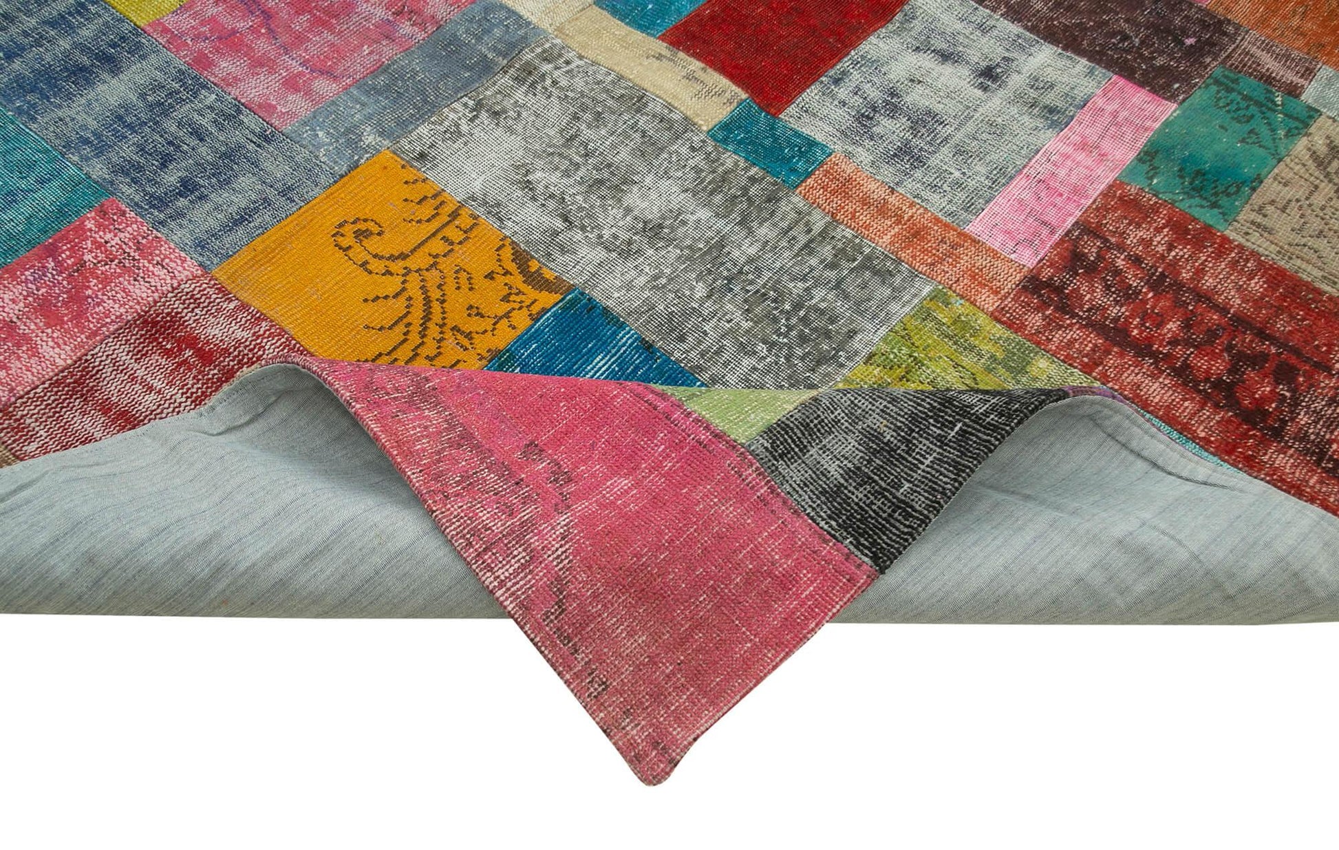 Kırk Yama Mavi Patchwork Pamuk Yün El Dokuma Halısı 303x409 Agacan