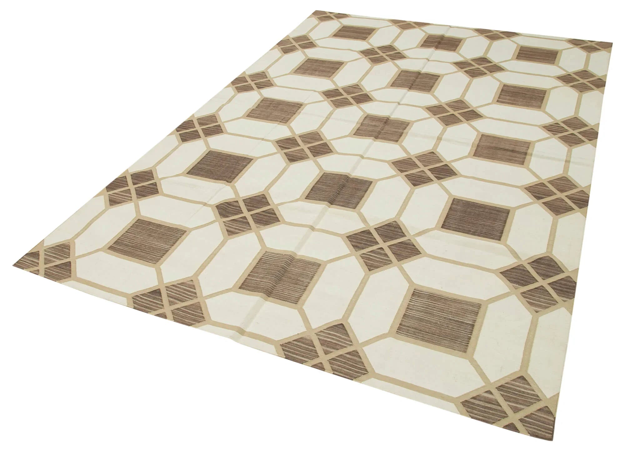Geometric Duri Kahverengi Geometrik Pamuk Yün El Dokuma Halısı 177x267 Agacan