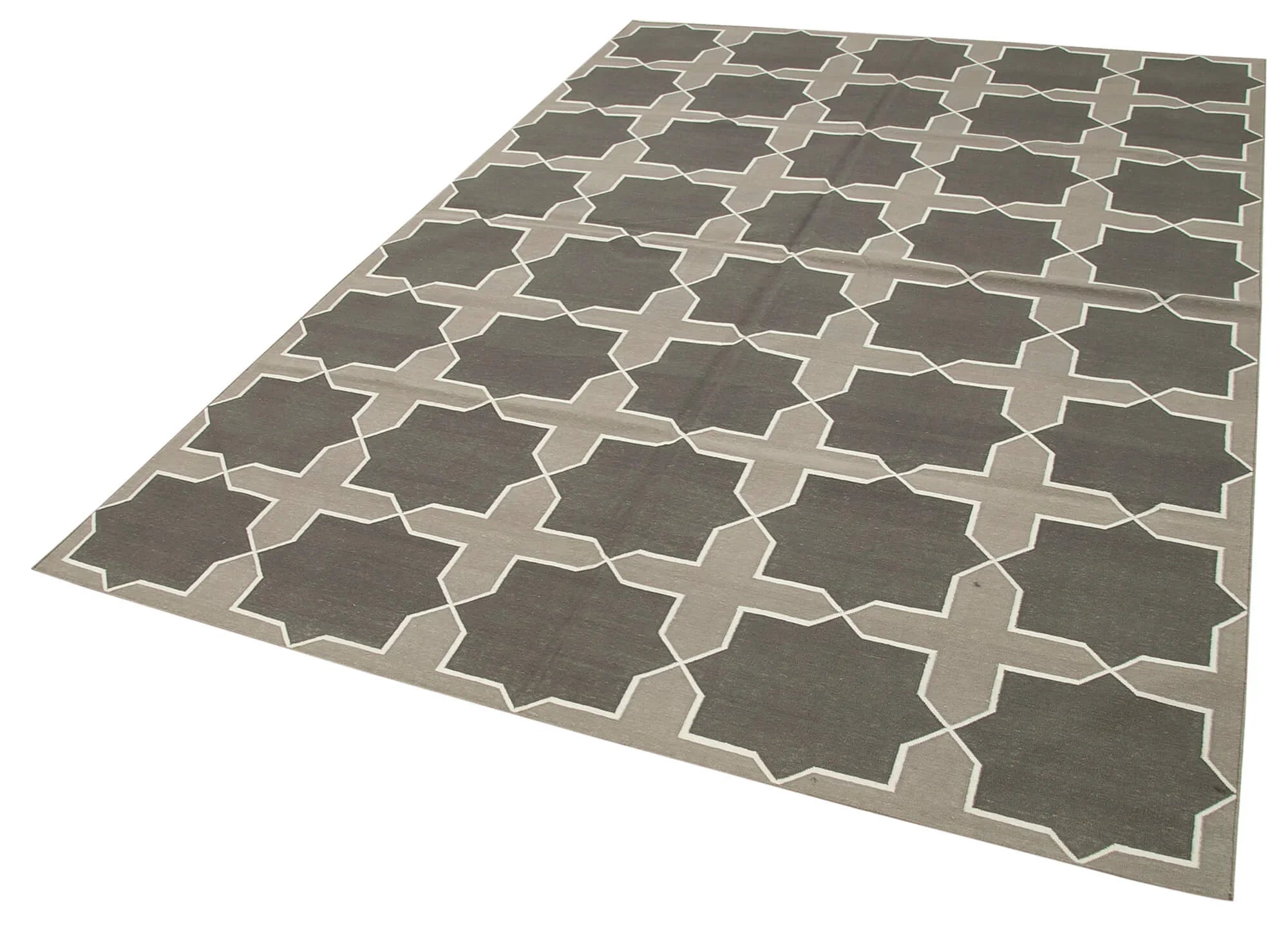 Geometric Duri Gri Geometrik Pamuk Yün El Dokuma Halısı 190x271 Agacan