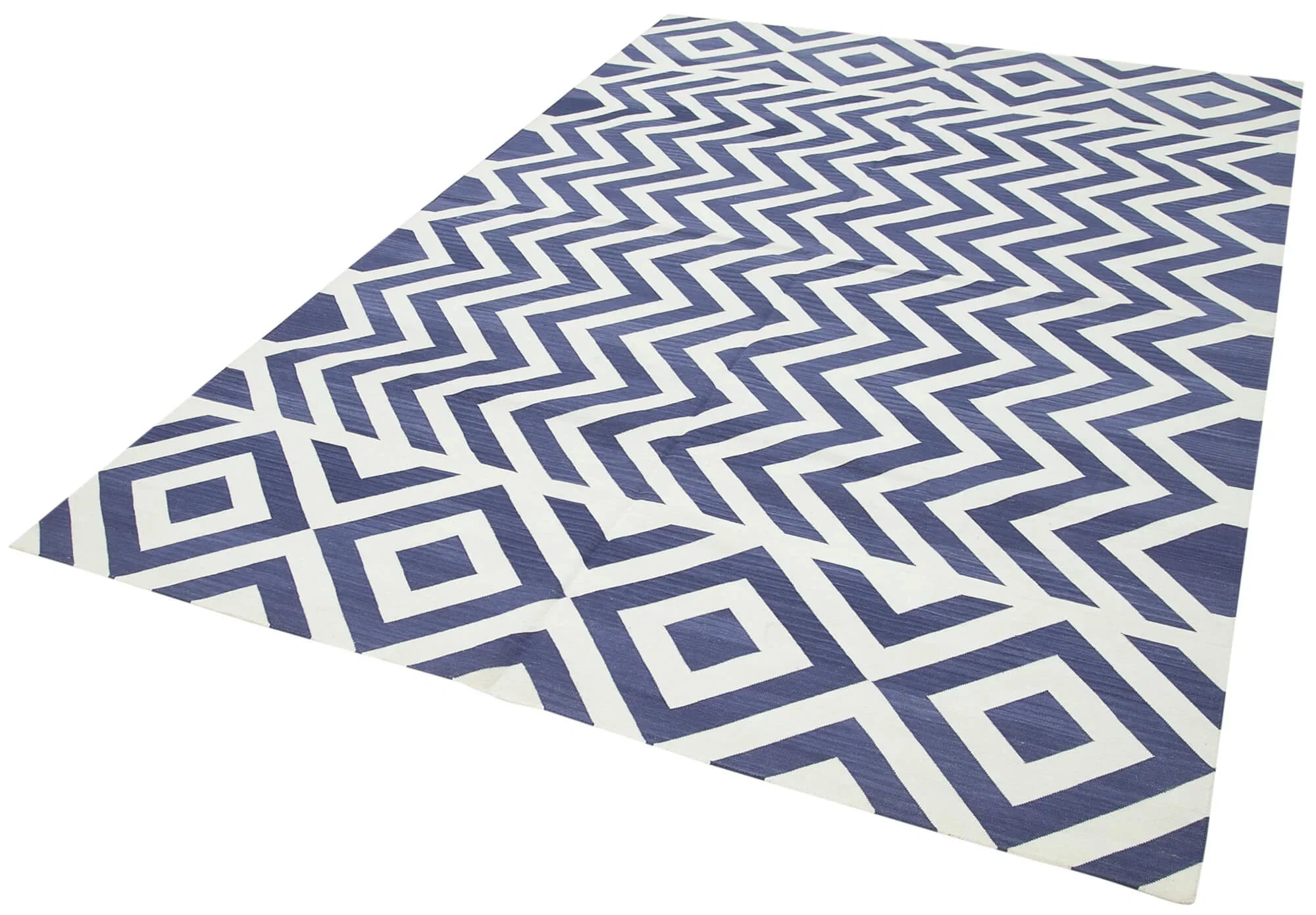 Geometric Duri Mavi Geometrik Pamuk Yün El Dokuma Halısı 184x273 Agacan