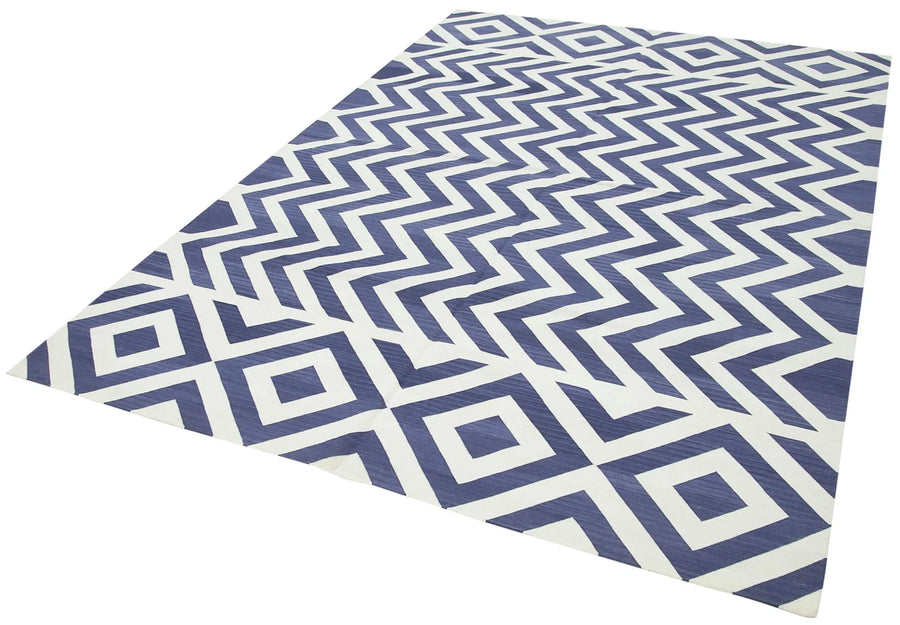 Geometric Duri Mavi Geometrik Pamuk Yün El Dokuma Halısı 184x273 Agacan