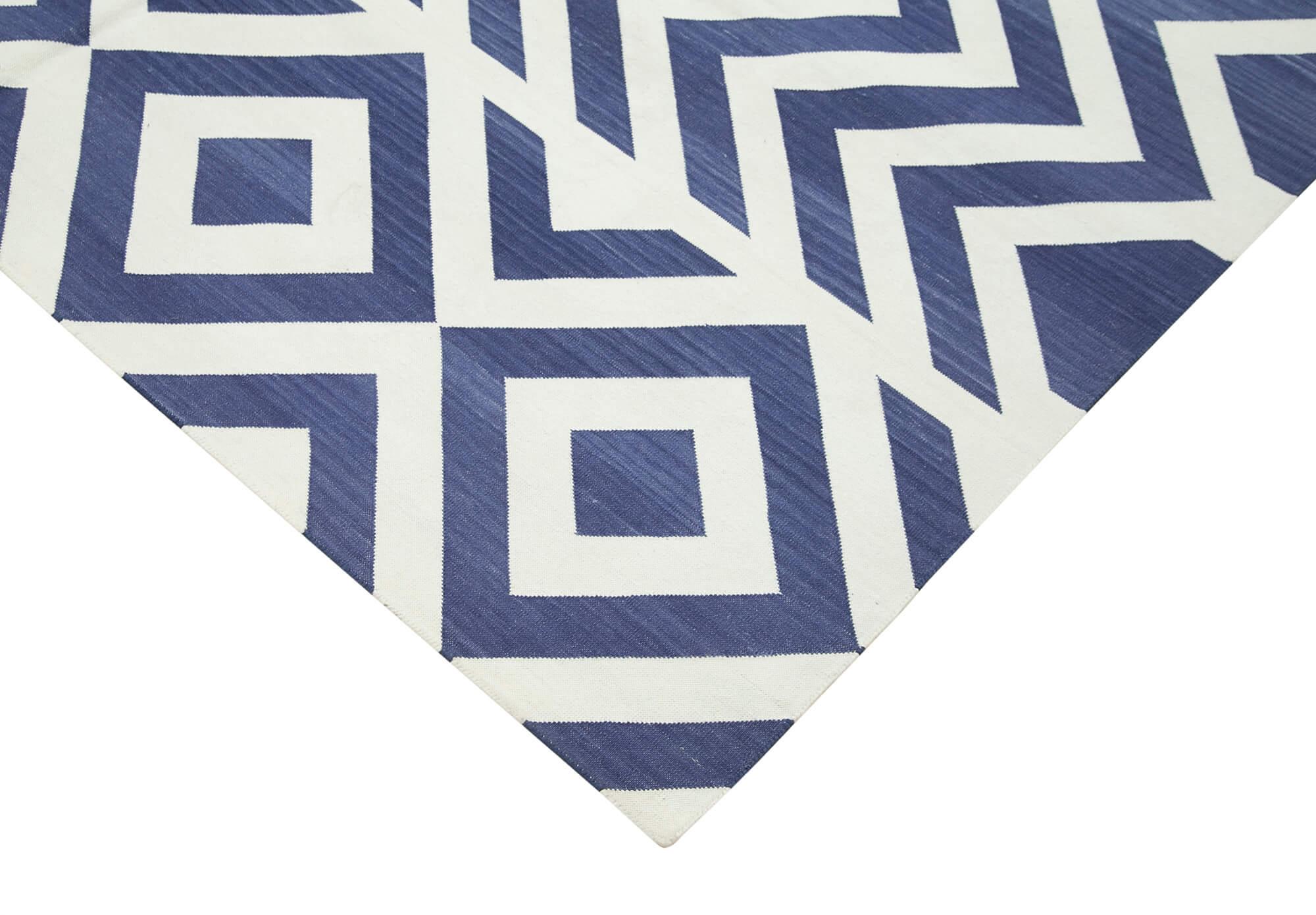 Geometric Duri Mavi Geometrik Pamuk Yün El Dokuma Halısı 184x273 Agacan