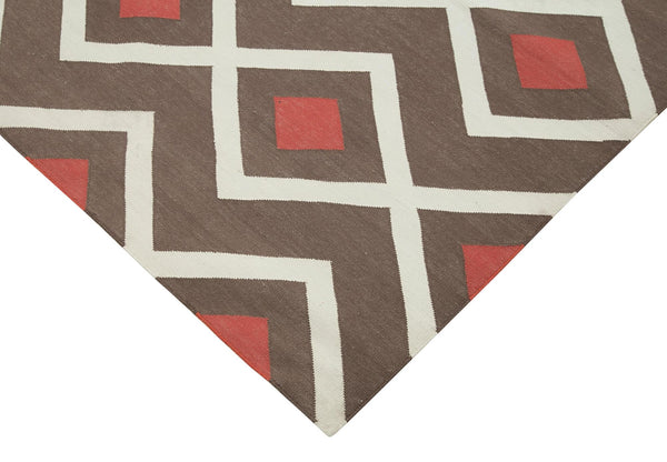 Geometric Duri Kahverengi Geometrik Pamuk Yün El Dokuma Halısı 184x273 Agacan