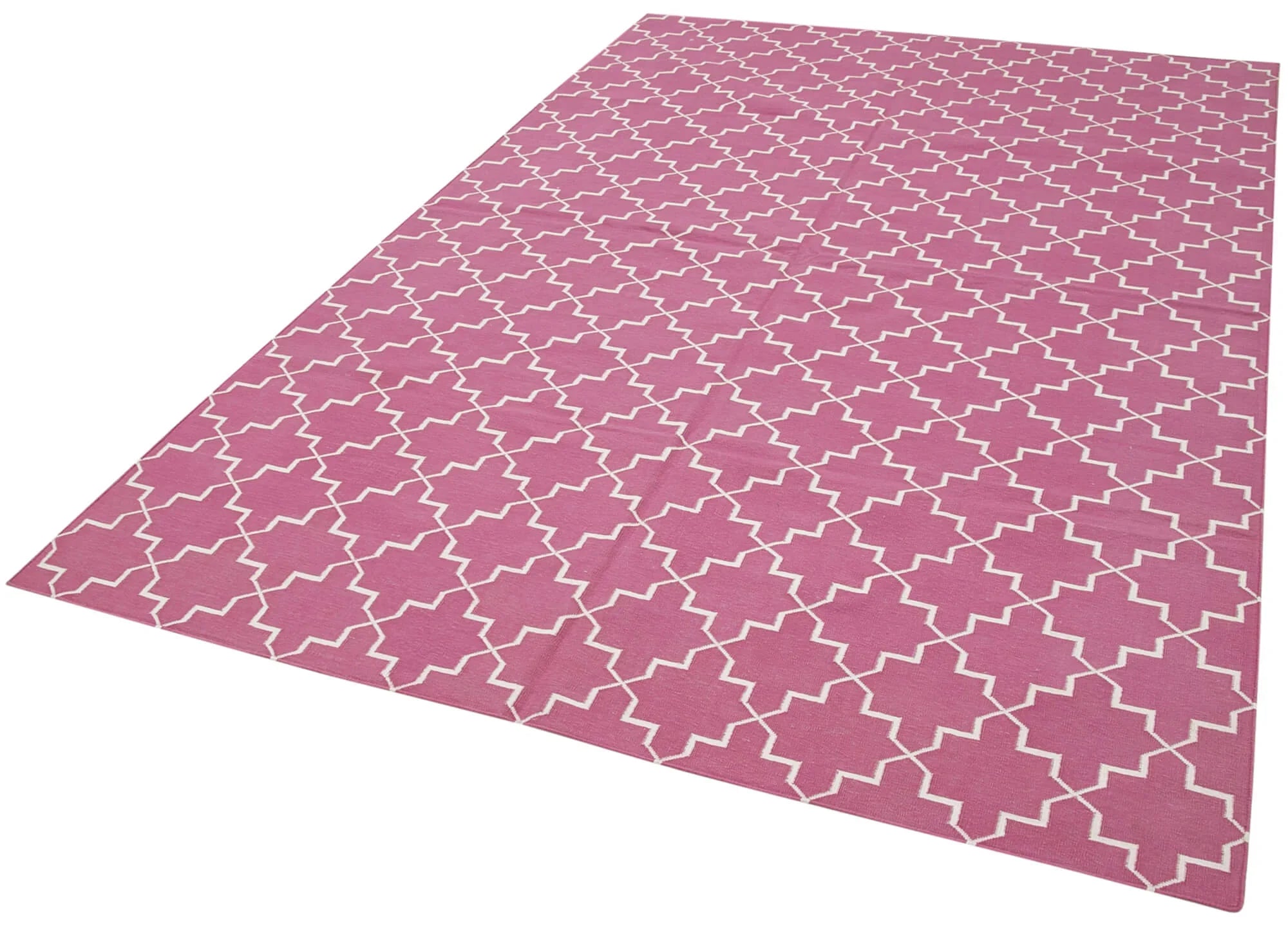 Geometric Duri Pembe Geometrik Pamuk Yün El Dokuma Halısı 186x273 Agacan