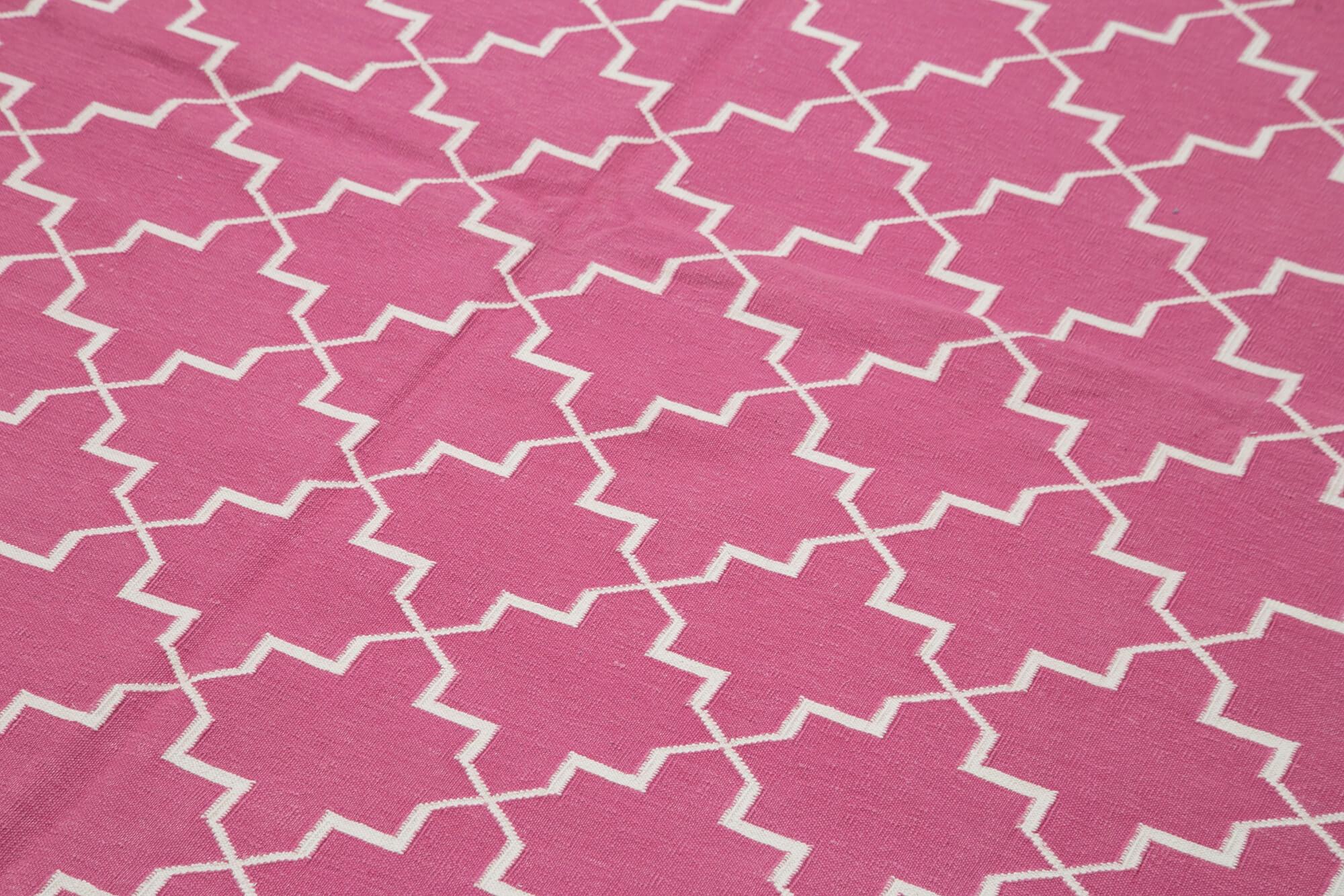 Geometric Duri Pembe Geometrik Pamuk Yün El Dokuma Halısı 186x273 Agacan
