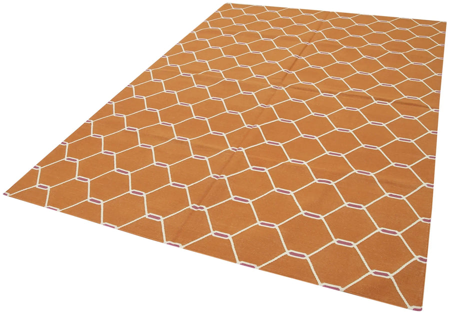 Geometric Duri Turuncu Geometrik Pamuk Yün El Dokuma Halısı 184x266 Agacan