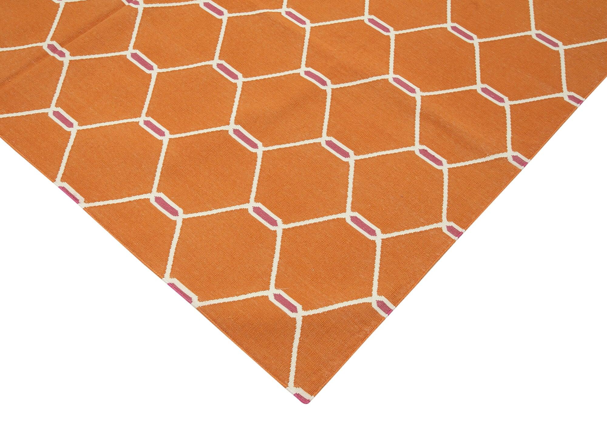 Geometric Duri Turuncu Geometrik Pamuk Yün El Dokuma Halısı 184x266 Agacan