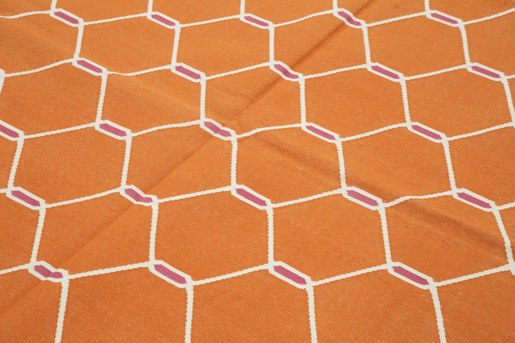Geometric Duri Turuncu Geometrik Pamuk Yün El Dokuma Halısı 184x266 Agacan