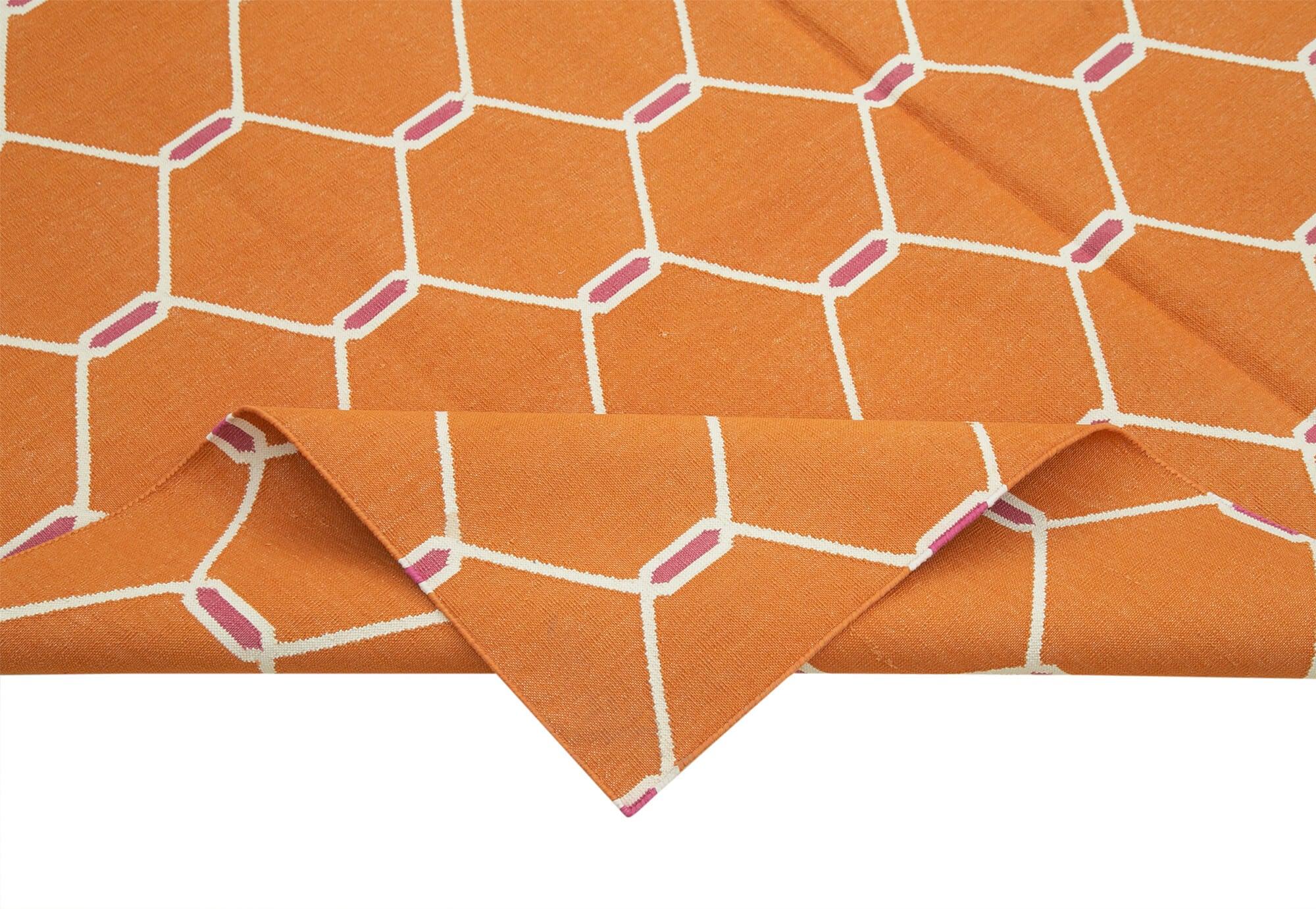 Geometric Duri Turuncu Geometrik Pamuk Yün El Dokuma Halısı 184x266 Agacan
