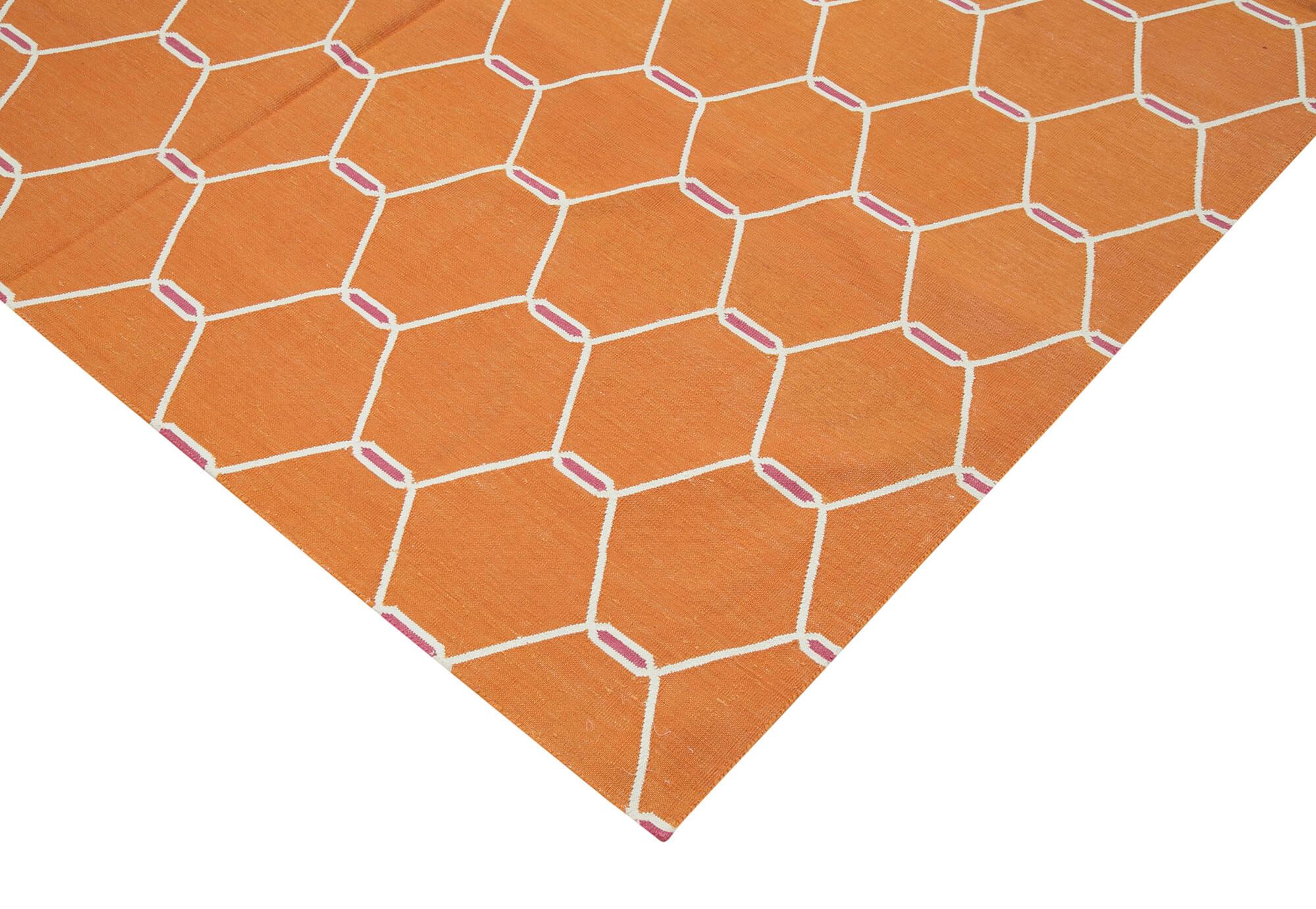 Geometric Duri Turuncu Geometrik Pamuk Yün El Dokuma Halısı 185x274 Agacan