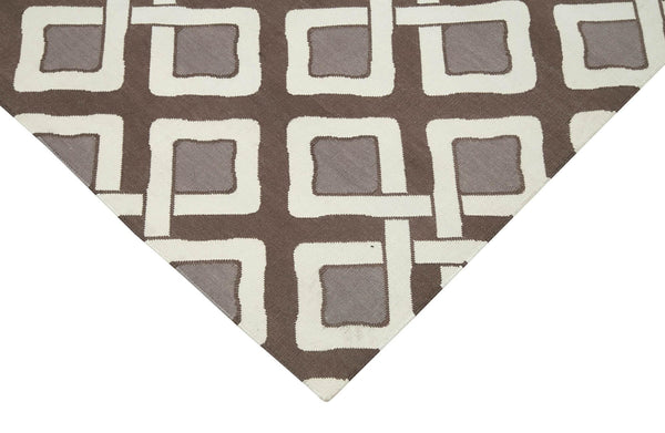 Geometric Duri Kahverengi Geometrik Pamuk Yün El Dokuma Halısı 187x274 Agacan
